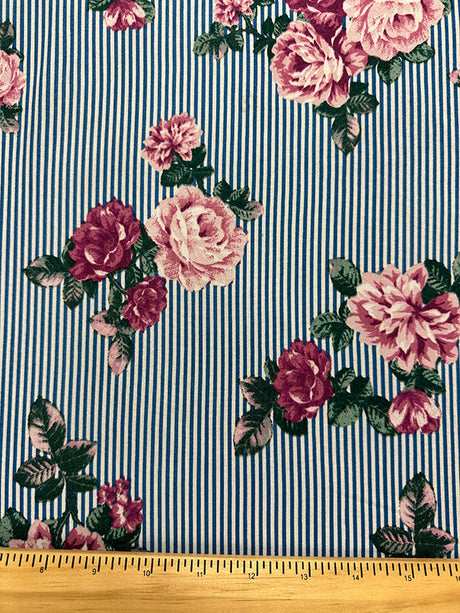 1 Yard Double Brushed Jersey Knit Pink Floral on Blue & White Stripe Matte Finish 58 Inches Width