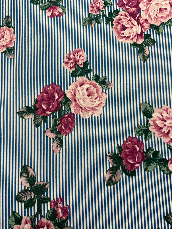 1 Yard Double Brushed Jersey Knit Pink Floral on Blue & White Stripe Matte Finish 58 Inches Width