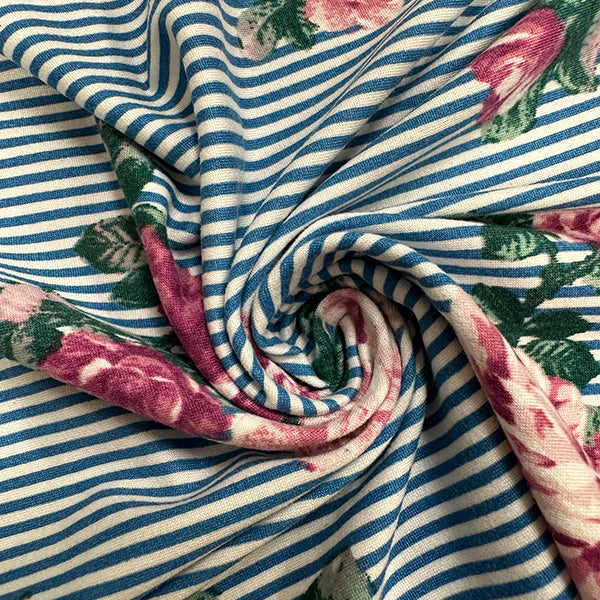 1 Yard Double Brushed Jersey Knit Pink Floral on Blue & White Stripe Matte Finish 58 Inches Width