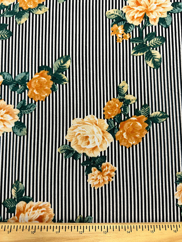 1 Yard Gold Floral Black Stripe Print Double Brushed Jersey Knit Fabric for Apparel and Activewear 58 Inches Wide