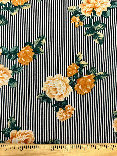 1 Yard Gold Floral Black Stripe Print Double Brushed Jersey Knit Fabric for Apparel and Activewear 58 Inches Wide