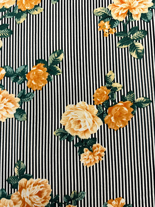 1 Yard Gold Floral Black Stripe Print Double Brushed Jersey Knit Fabric for Apparel and Activewear 58 Inches Wide
