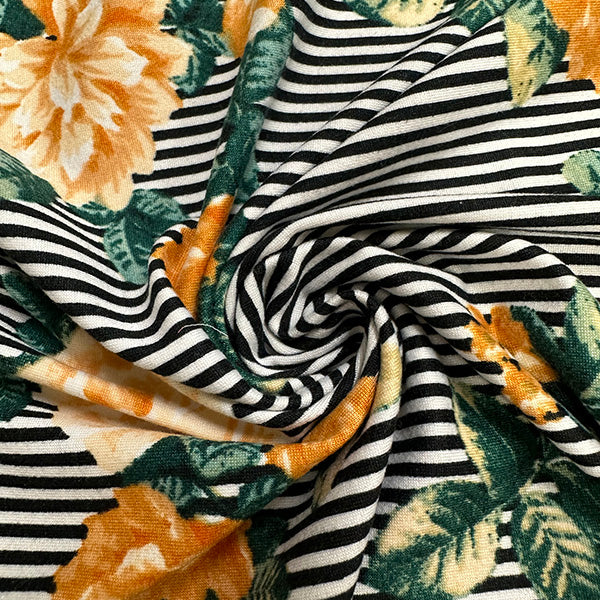 1 Yard Gold Floral Black Stripe Print Double Brushed Jersey Knit Fabric for Apparel and Activewear 58 Inches Wide