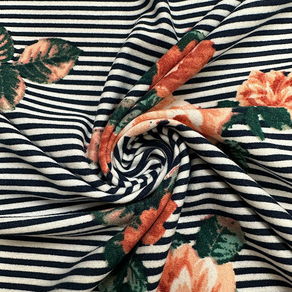 1 Yard Floral Stripe Jersey Knit Peach Flowers on Black & White Lightweight Apparel Fabric 58 Inches Width