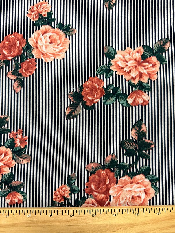 1 Yard Floral Stripe Jersey Knit Peach Flowers on Black & White Lightweight Apparel Fabric 58 Inches Width
