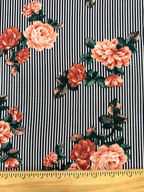1 Yard Floral Stripe Jersey Knit Peach Flowers on Black & White Lightweight Apparel Fabric 58 Inches Width