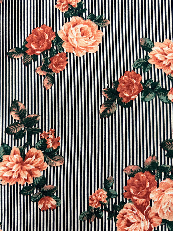 1 Yard Floral Stripe Jersey Knit Peach Flowers on Black & White Lightweight Apparel Fabric 58 Inches Width