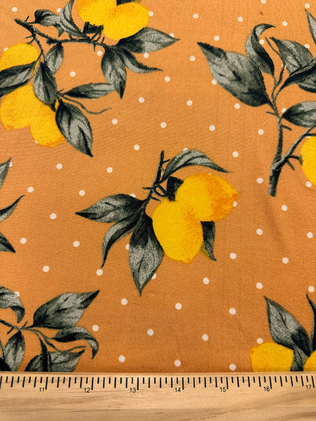 1 Yard Lemon Polka Dot Jersey Knit Yellow, Green & White on Orange Matte Drape 58 Inches Width