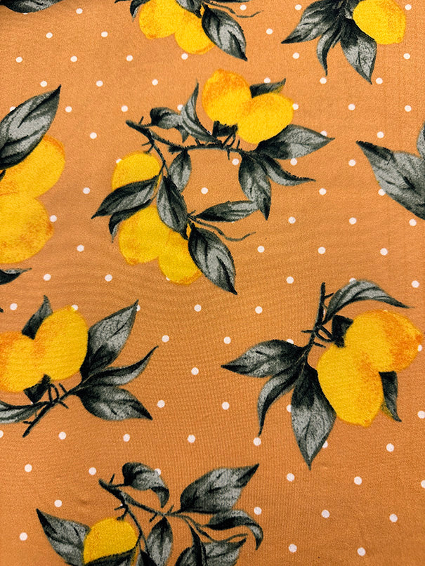 1 Yard Lemon Polka Dot Jersey Knit Yellow, Green & White on Orange Matte Drape 58 Inches Width