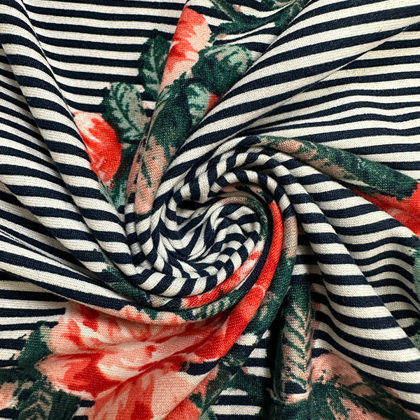 1 Yard Pink, Red & Green Floral on Black & White Stripe Double Brushed Jersey Knit 58 Inches Width