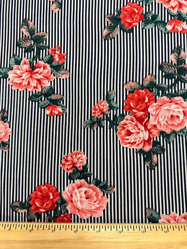 1 Yard Pink, Red & Green Floral on Black & White Stripe Double Brushed Jersey Knit 58 Inches Width