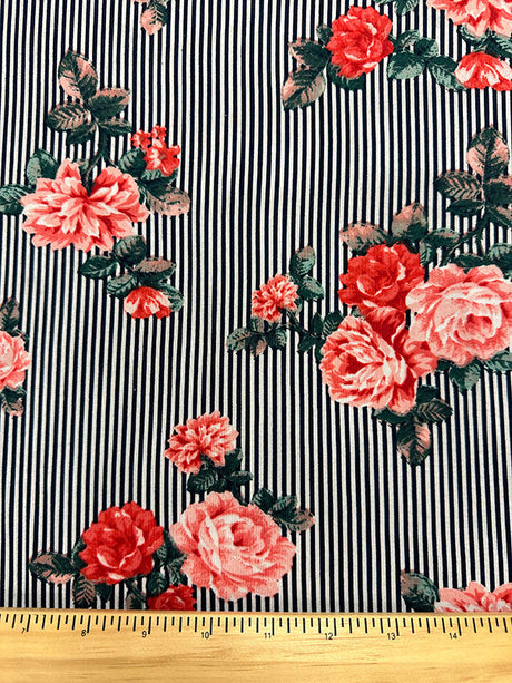 1 Yard Pink, Red & Green Floral on Black & White Stripe Double Brushed Jersey Knit 58 Inches Width