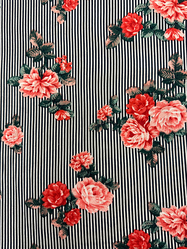 1 Yard Pink, Red & Green Floral on Black & White Stripe Double Brushed Jersey Knit 58 Inches Width