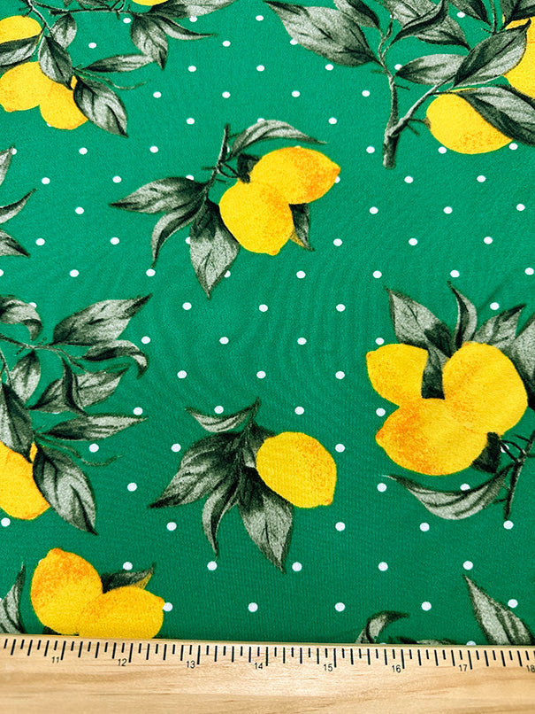 1 Yard Green Lemon Polka Dot Print Double Brushed Jersey Knit Fabric for Activewear and Apparel 58 Inches Wide