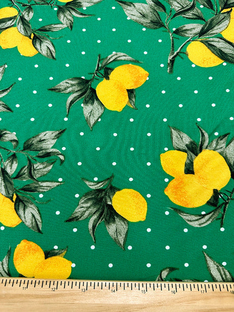 1 Yard Green Lemon Polka Dot Print Double Brushed Jersey Knit Fabric for Activewear and Apparel 58 Inches Wide