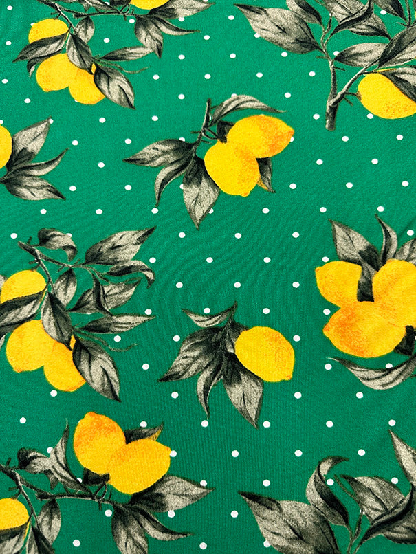 1 Yard Green Lemon Polka Dot Print Double Brushed Jersey Knit Fabric for Activewear and Apparel 58 Inches Wide