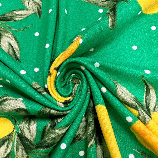 1 Yard Green Lemon Polka Dot Print Double Brushed Jersey Knit Fabric for Activewear and Apparel 58 Inches Wide