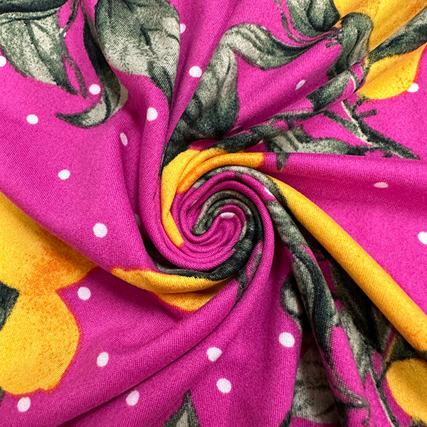 1 Yard Magenta Jersey Knit Fabric Citrus & Dot Print Stretch & Matte Finish 58 Inches Width