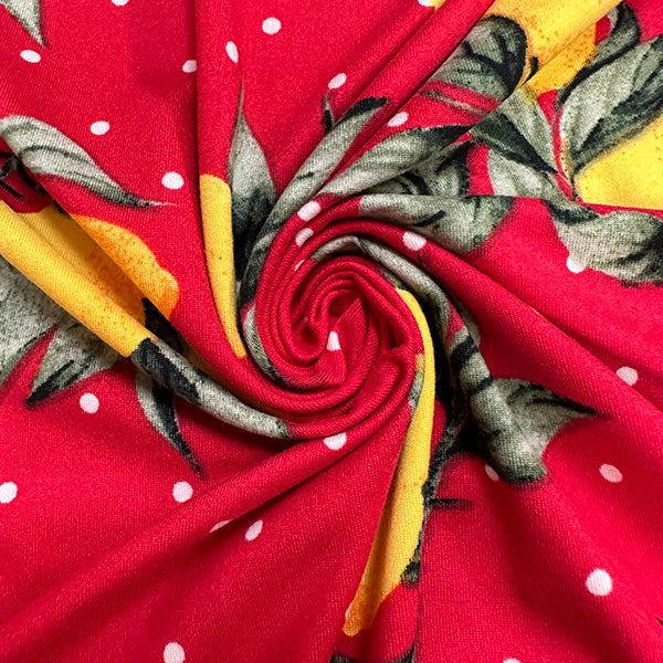 1 Yard Lemon Polka Dot Jersey Knit Yellow, Green & White on Red Matte Drape 58 Inches Width