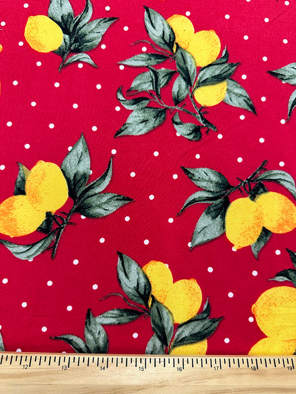 1 Yard Lemon Polka Dot Jersey Knit Yellow, Green & White on Red Matte Drape 58 Inches Width