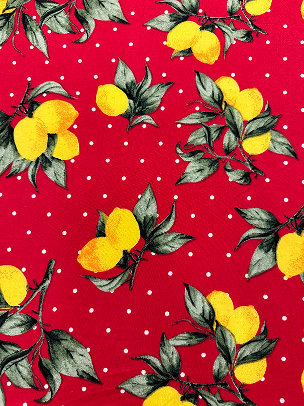1 Yard Lemon Polka Dot Jersey Knit Yellow, Green & White on Red Matte Drape 58 Inches Width