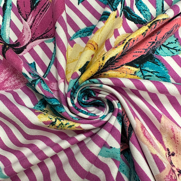 1 Yard Magenta Floral Stripe Jersey Knit Fabric Lightweight Stretch for Shirts & Dancewear 58 Inches Wide