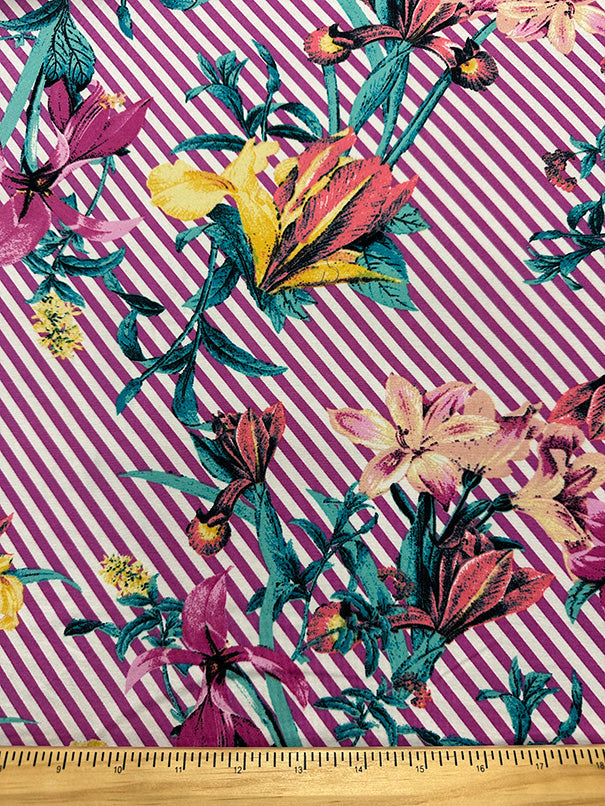 1 Yard Magenta Floral Stripe Jersey Knit Fabric Lightweight Stretch for Shirts & Dancewear 58 Inches Wide