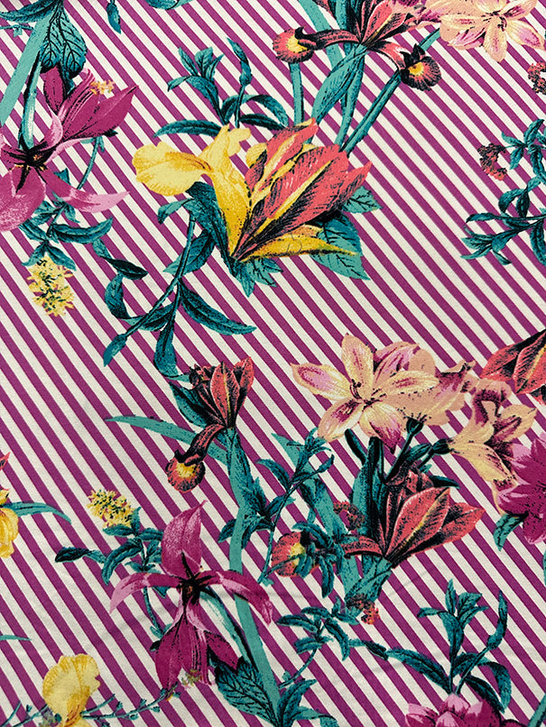 1 Yard Magenta Floral Stripe Jersey Knit Fabric Lightweight Stretch for Shirts & Dancewear 58 Inches Wide