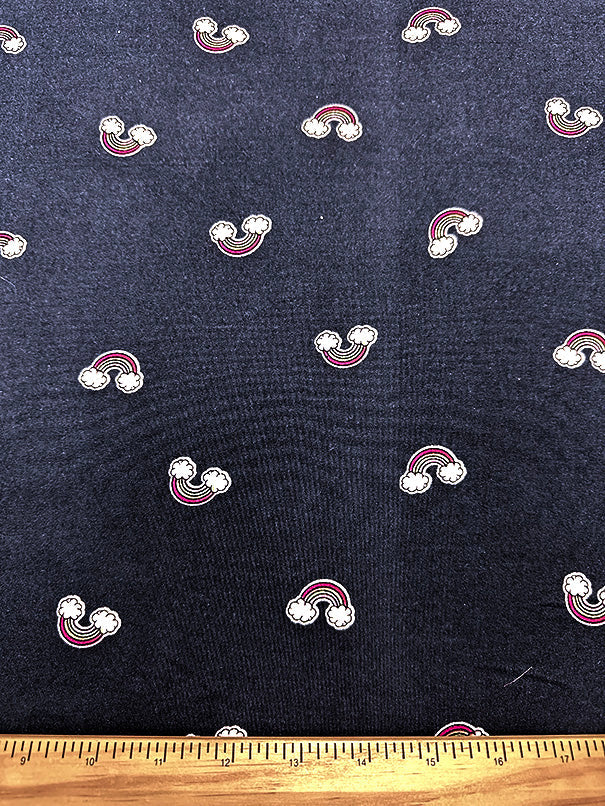 1 Yard Navy Blue Double Brushed Jersey Knit with Multicolor Rainbow Print , Lightweight Stretch 58 Inches Width