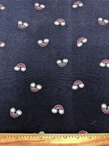 1 Yard Navy Blue Double Brushed Jersey Knit with Multicolor Rainbow Print , Lightweight Stretch 58 Inches Width