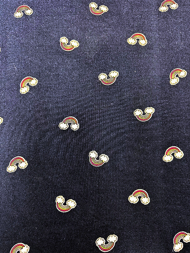 1 Yard Navy Blue Double Brushed Jersey Knit with Multicolor Rainbow Print , Lightweight Stretch 58 Inches Width