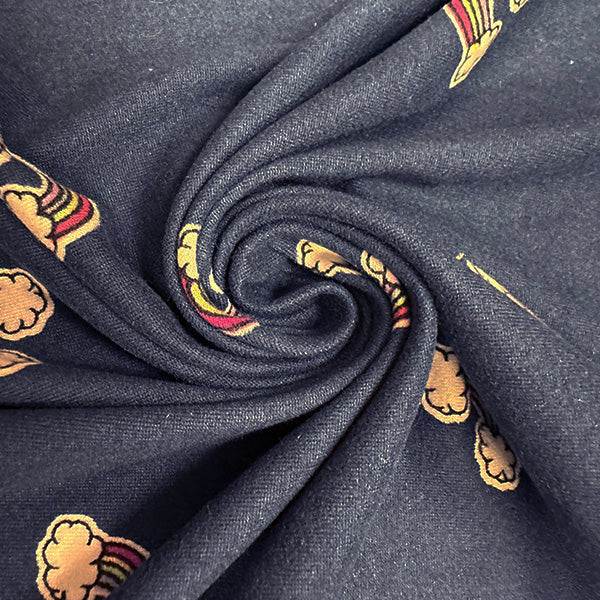 1 Yard Navy Blue Double Brushed Jersey Knit with Multicolor Rainbow Print , Lightweight Stretch 58 Inches Width