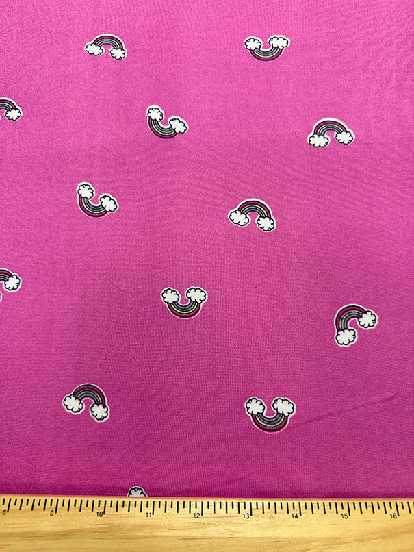 1 Yard Rainbow Print Jersey Knit Black, Yellow, Green & Purple on Bright Pink Soft Drape 58 Inches Width