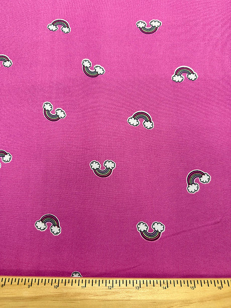 1 Yard Rainbow Print Jersey Knit Black, Yellow, Green & Purple on Bright Pink Soft Drape 58 Inches Width