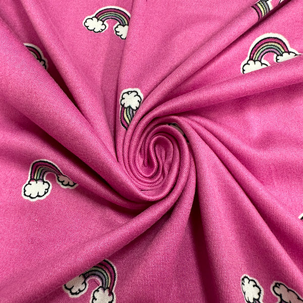 1 Yard Rainbow Print Jersey Knit Black, Yellow, Green & Purple on Bright Pink Soft Drape 58 Inches Width