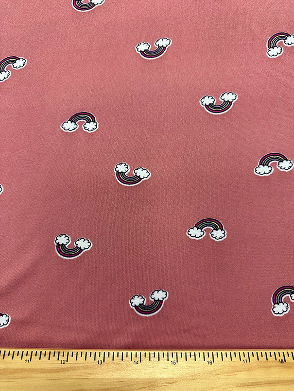 1 Yard Dark Peach Double Brushed Jersey Knit with Multicolor Rainbow Print, Lightweight Stretch 58 Inches Width