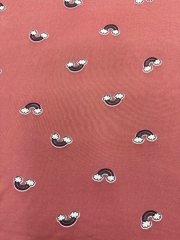 1 Yard Dark Peach Double Brushed Jersey Knit with Multicolor Rainbow Print, Lightweight Stretch 58 Inches Width