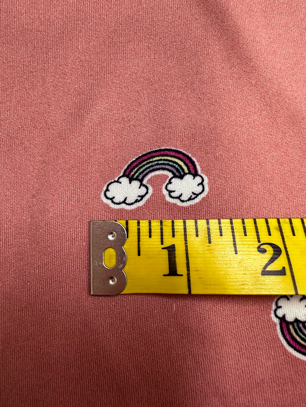 1 Yard Dark Peach Double Brushed Jersey Knit with Multicolor Rainbow Print, Lightweight Stretch 58 Inches Width