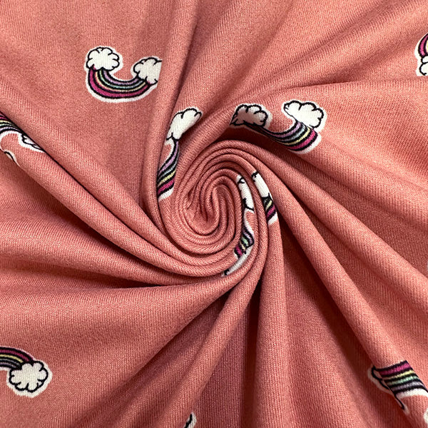 1 Yard Dark Peach Double Brushed Jersey Knit with Multicolor Rainbow Print, Lightweight Stretch 58 Inches Width