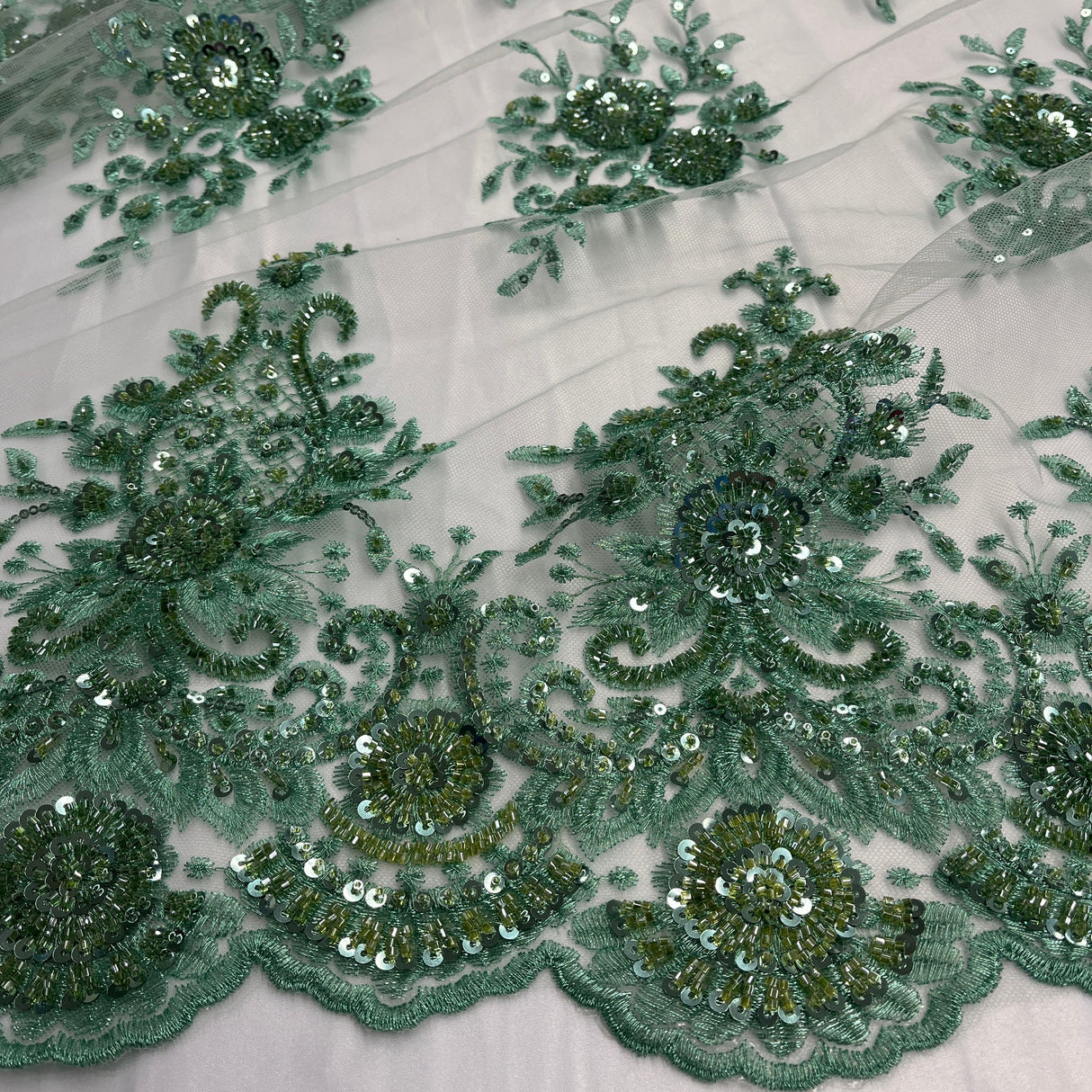 Beaded Lace Fabric on Polyester Net Mesh 50"