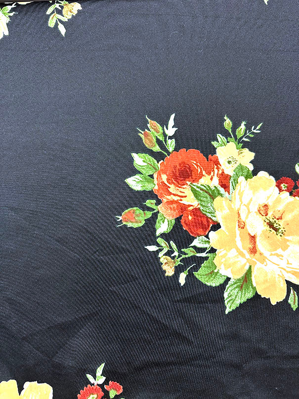 1 Yard Rust Floral Print Scuba Double Knit Fabric Black Base with Peach, Yellow & Green Accents 58 Inches Wide