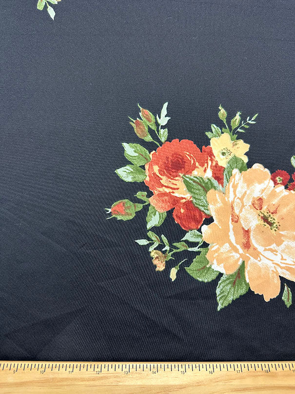 1 Yard Rust Floral Print Scuba Double Knit Fabric Black Base with Peach, Yellow & Green Accents 58 Inches Wide