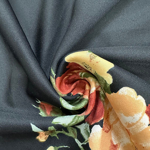 1 Yard Rust Floral Print Scuba Double Knit Fabric Black Base with Peach, Yellow & Green Accents 58 Inches Wide