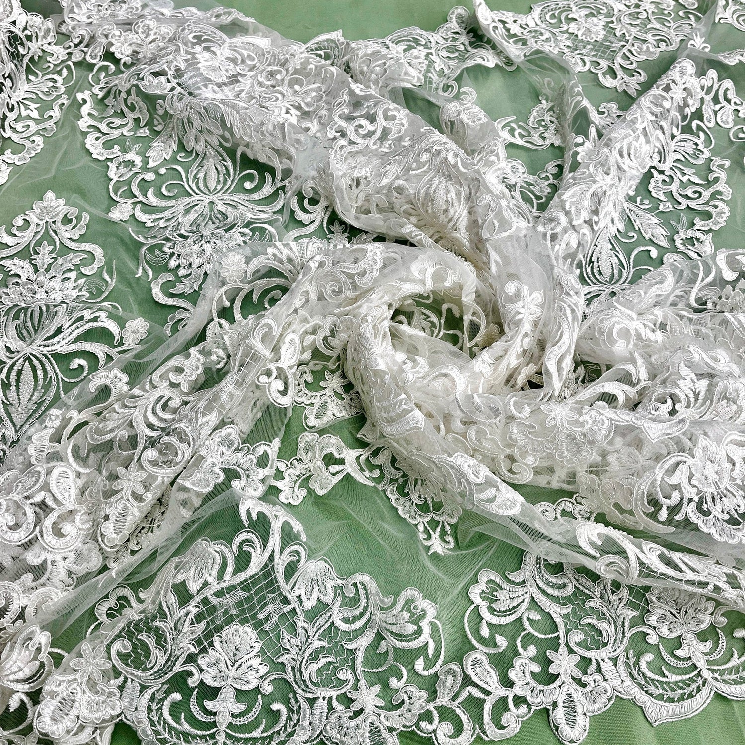 1 Yard Ivory Beaded & Corded Lace Fabric on 100% Polyester Mesh, 51" Wide Embroidered Net Lace for Apparel & Decor