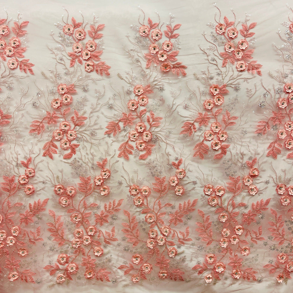 1 Yard Beaded 3D Floral Lace Fabric on 100% Polyester Net Mesh, Elegant Embroidered Textile