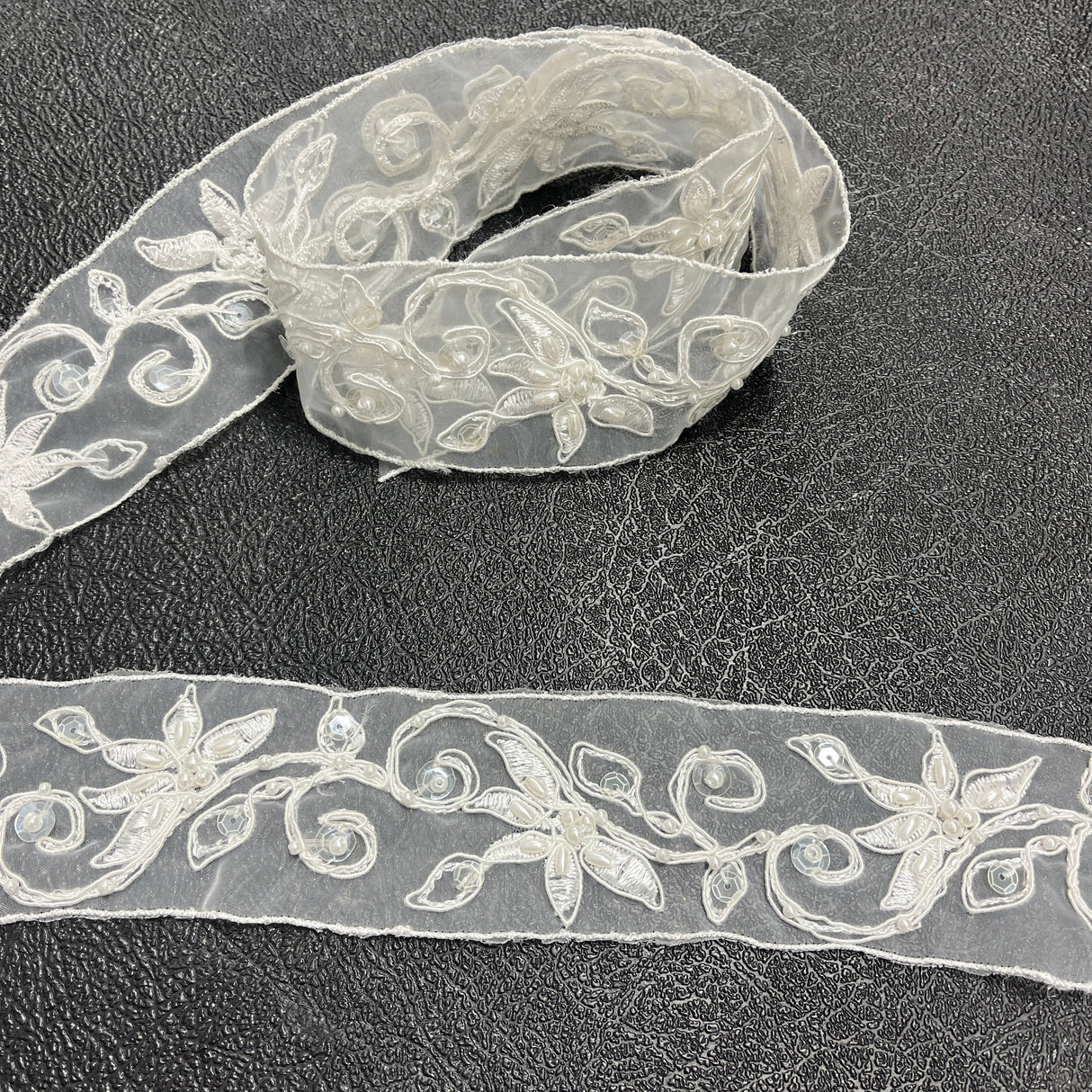 Beaded Corded Lace Trim White Ivory