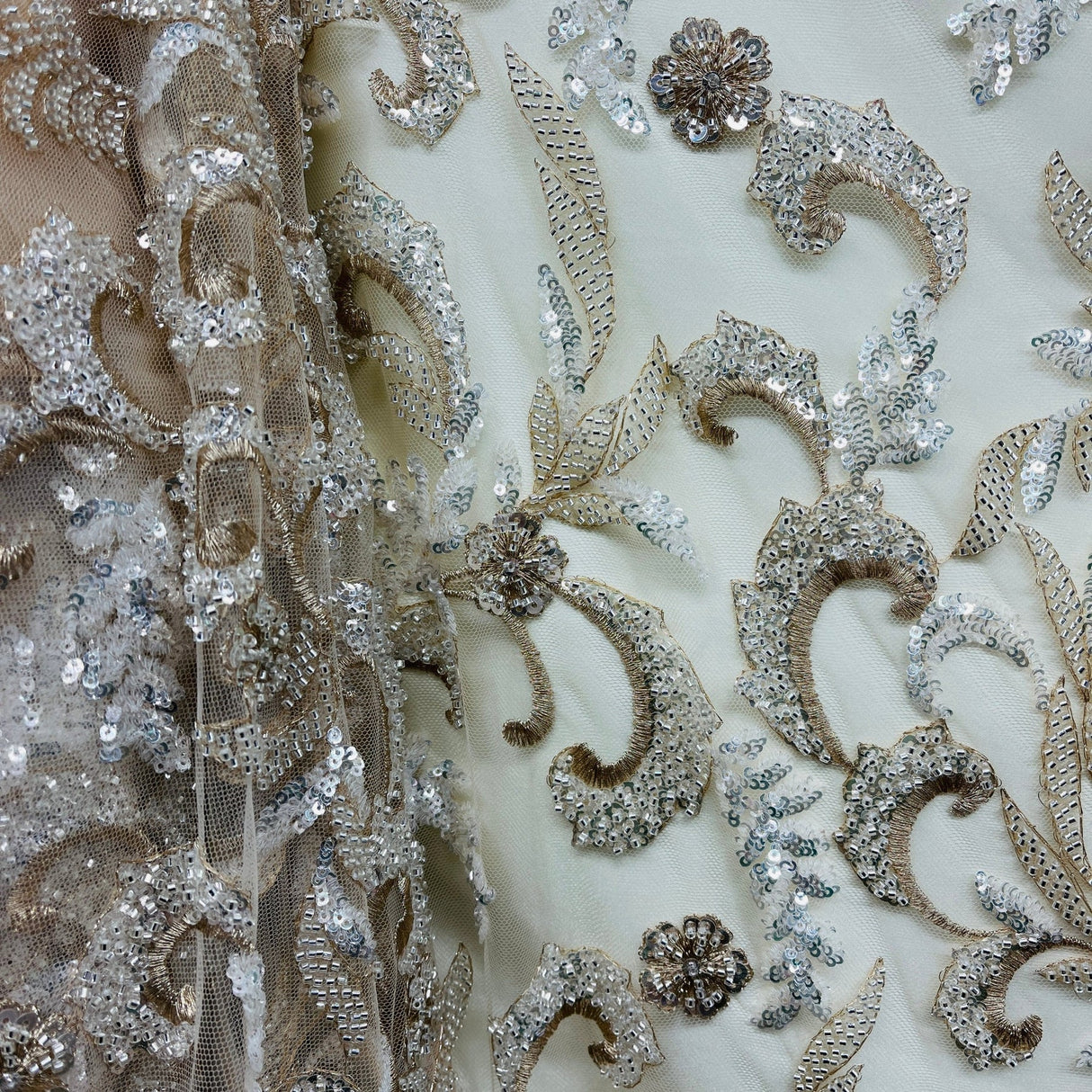 1 Yard Beaded Lace Fabric Embroidered 100 Percent Polyester Net Mesh 53 inch Width