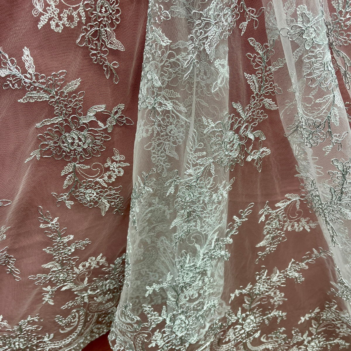 1 Yard Elegant Corded Bridal Lace Fabric on 100% Polyester Net Mesh, Embroidered Floral Design
