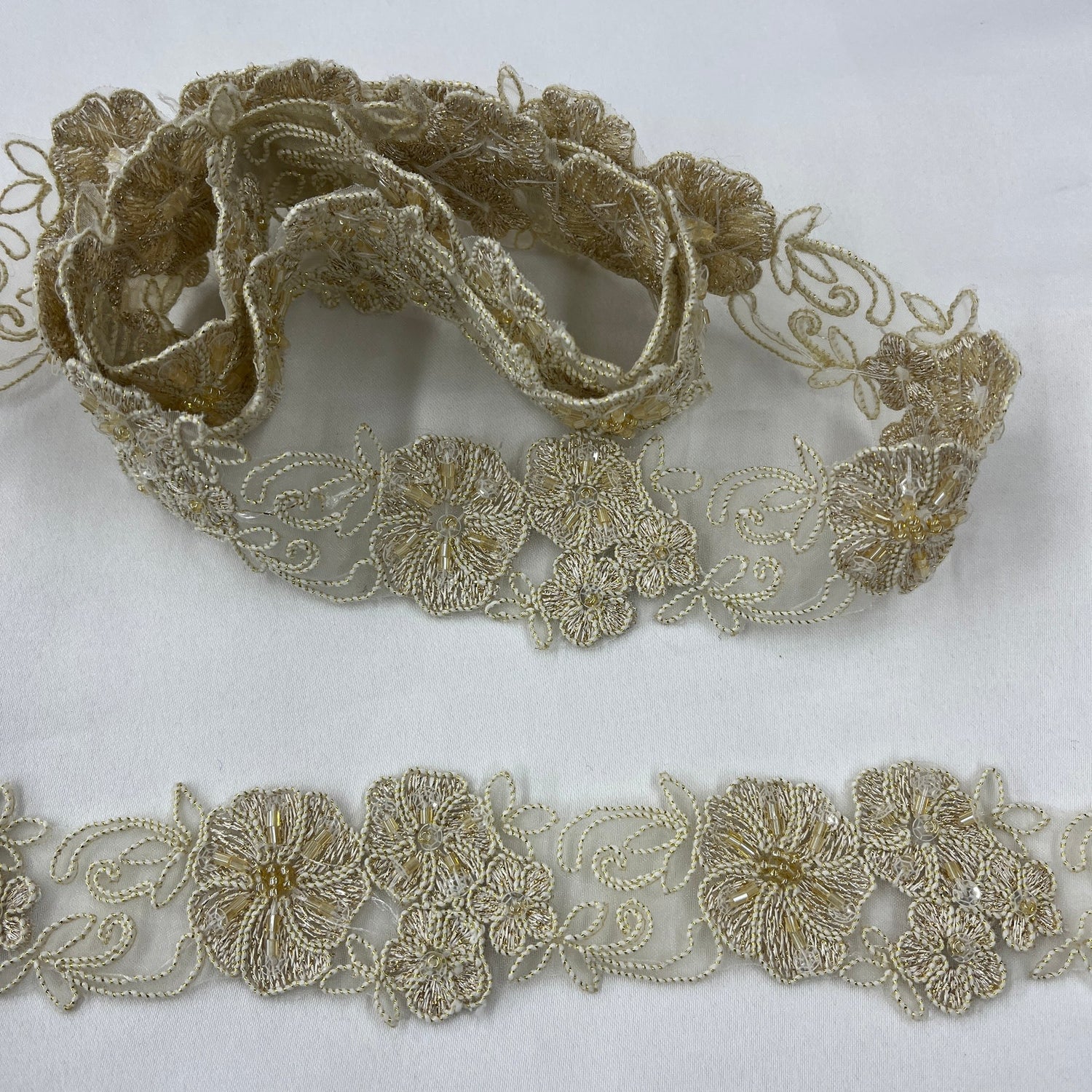 1 Yard Beaded Corded Embroidered Lace Trim 1.5" Wide 100% Polyester Organza for Dresses & Costumes