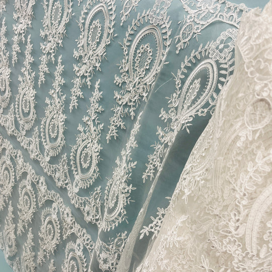 1 Yard Elegant Corded Bridal Lace Fabric Embroidered on Polyester Net Mesh